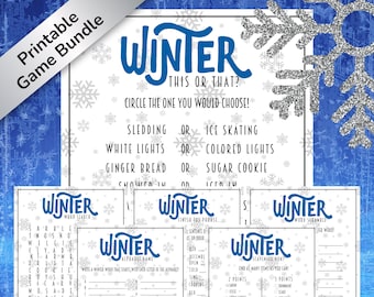 May include: A printable winter-themed game bundle with a variety of activities, including a word search, alphabet game, scavenger hunt, and a "this or that" game. The games feature snowflakes and the word "Winter" in a blue and white color scheme.