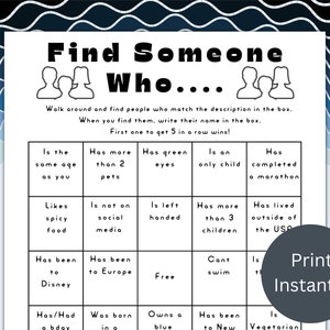 Find Someone Who Game, Party Starter Games, Icebreaker Games, Office Party Games, Dinner Party Games, Adult Party Games, Get to Know Me, PDF