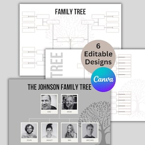 Könnte beinhalten: Eine druckbare Familienstammbaumvorlage mit sechs editierbaren Designs. Die Vorlage zeigt eine Baumsilhouette mit Ästen für Namen und Fotos. Der Text "FAMILY TREE" befindet sich oben auf der Vorlage. Die Vorlage ist für die Verwendung mit Canva konzipiert.
