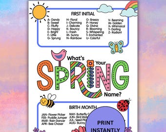 What's Your Spring Name Game Instant Download, Printable Spring Name Generator For Kids & Adults, Classroom Or Office Icebreaker Activity