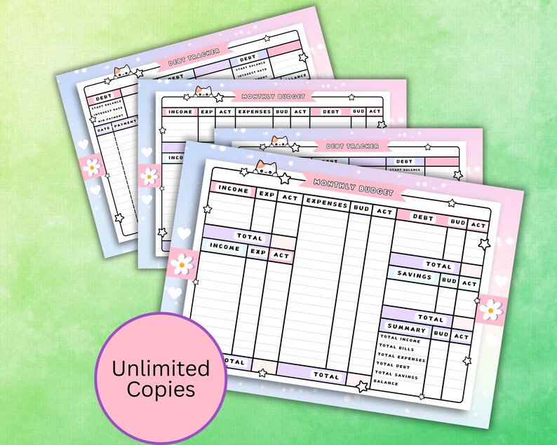 Printable Finance Tracker Bundle, Cute Kitty Debt Tracker &amp; Monthly ...