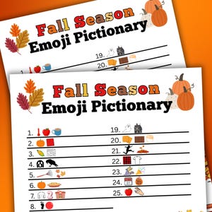 May include: Two sheets of paper with the title "Fall Season Emoji Pictionary" in red and orange. The sheets have numbered lines with emojis for a fall-themed game. Pumpkins and fall leaves are also illustrated.