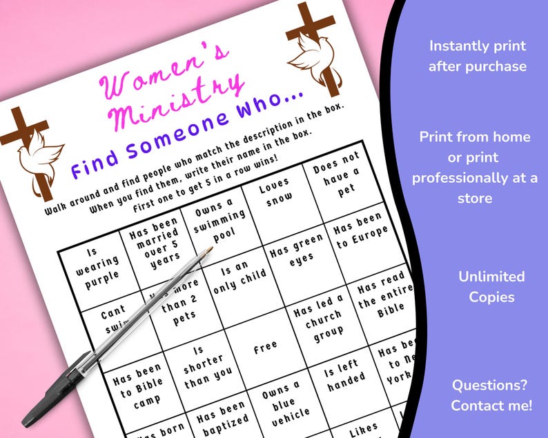 Womens Ministry Game Find Someone Who Bingo, Printable Icebreaker Bible ...