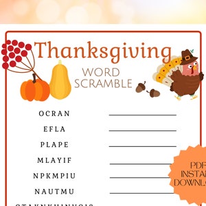 Thanksgiving Word Scramble, Family Word Game, Holiday Game, Thanksgiving games for Kids & Adults, Instant download PDF, Printable game