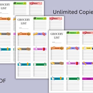 Peut inclure: Mod&egrave;le de liste de courses imprimable avec des ic&ocirc;nes color&eacute;es pour diff&eacute;rentes cat&eacute;gories, notamment les produits frais, la viande, la boulangerie, les collations, les boissons, etc. Le mod&egrave;le comporte un espace pour &eacute;crire une date et une liste d'articles &agrave; acheter. Le texte "Copies illimit&eacute;es !" est en haut de la page. Le texte "PDF" est en bas de la page.