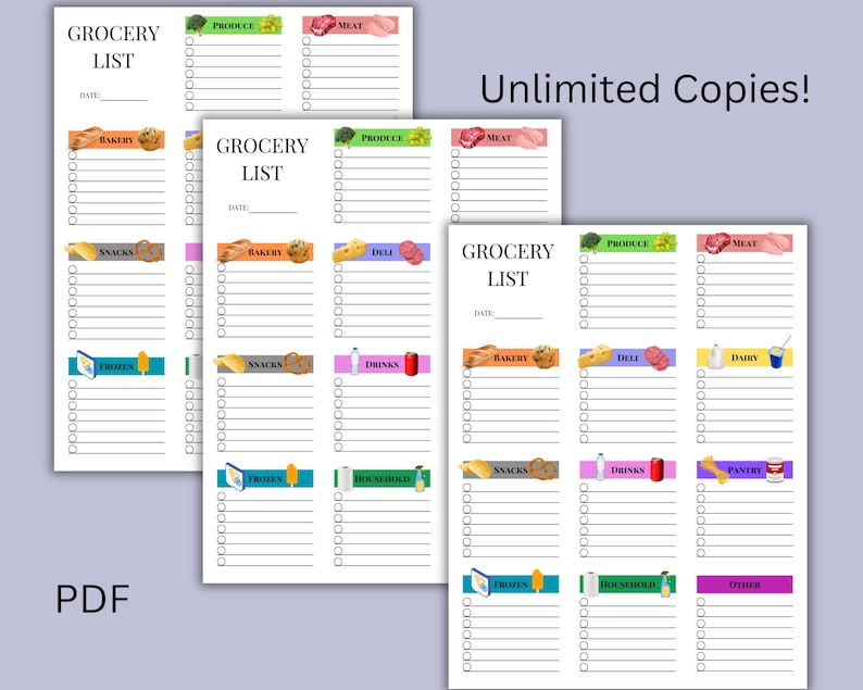 Peut inclure: Mod&egrave;le de liste de courses imprimable avec des ic&ocirc;nes color&eacute;es pour diff&eacute;rentes cat&eacute;gories, notamment les produits frais, la viande, la boulangerie, les collations, les boissons, etc. Le mod&egrave;le comporte un espace pour &eacute;crire une date et une liste d'articles &agrave; acheter. Le texte "Copies illimit&eacute;es !" est en haut de la page. Le texte "PDF" est en bas de la page.