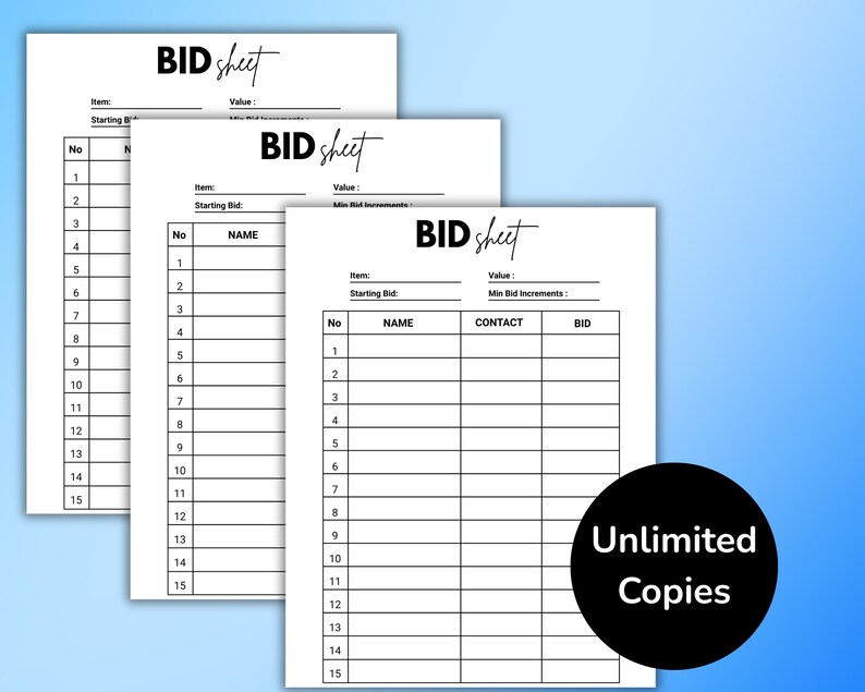 Editable Silent Auction Bid Sheet, Printable Bid Sheet Template, Silent ...