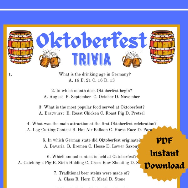 Gioco dell'Oktoberfest, Gioco dell'Oktoberfest stampabile, Gioco del Festival della birra, Gioco per feste dell'Oktoberfest, Oktoberfest, Trivia tedesca, Download istantaneo, Quiz