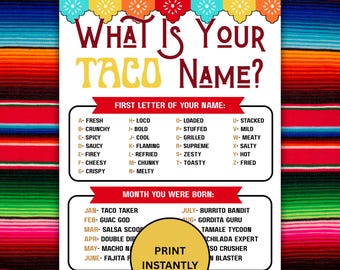 What's Your Taco Name Instant Download Name Generator Game For Kids & Adults, Printable Cinco De Mayo Activity, Taco Night, Fiesta