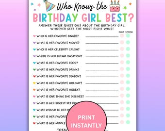 Who Knows The Birthday Girl Best Activity Instant Download, Printable Birthday Girl Quiz, Party Game For Teens Tweens, Sweet 16
