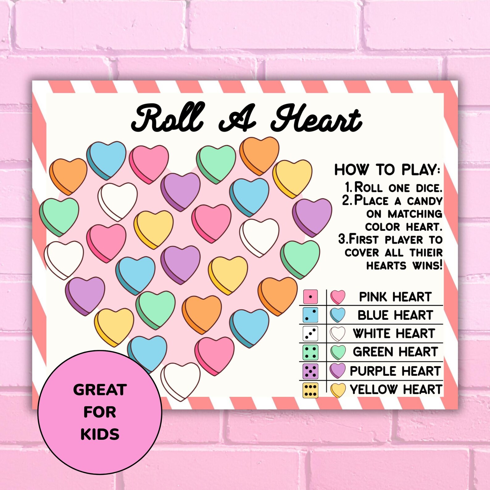 Roll A Heart Valentine Game for Kids Instant Download, Printable Candy ...
