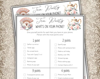 Tea Party What's On Your Phone Game Instant Download, Printable Tea Time Activity, Bridal Shower, Birthday Icebreaker, Baby Shower