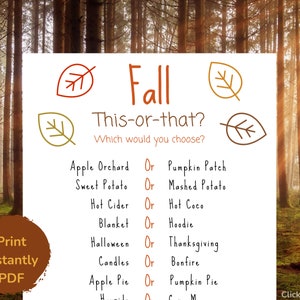 Fall This Or That Game, Printable Back To School Game, Would You Rather, Autumn Activity, Instant Download, Classroom Game, Kids Game, PDF