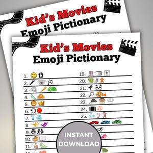 Puede incluir: Dos hojas de papel blancas con el texto "Kid's Movies Emoji Pictionary" en rojo y negro. Las hojas contienen pistas de emoji numeradas para un juego temático de películas. Un círculo negro con las palabras "Instant Download" está en la parte inferior.