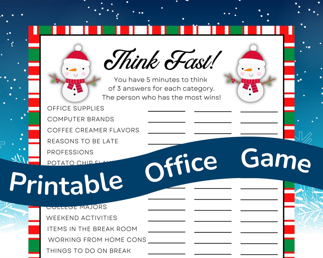 Winter Holiday Office Party Think Fast Printable Game Download, Work ...