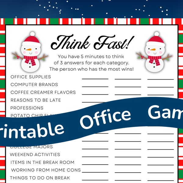 Winter Holiday Office Party Think Fast Printable Game Download, Work Holiday Game for Employees, Team Building Game, Icebreaker Game PDF