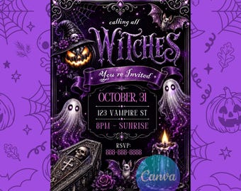 Editable Witches Halloween Party Invitation, Printable Purple & Black Girls Night
