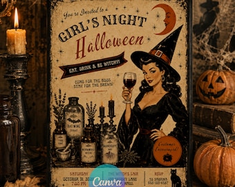 Editable Retro Vintage Halloween Girls Night Invitation Template, Printable Witch Party Invitation