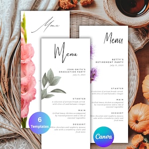 Può includere: Modelli di menu bianchi con disegni floreali e botanici. I menu presentano la parola "Menu" in elegante scrittura, con dettagli dell'evento e descrizioni dei piatti. L'immagine include zucche, fiori e un cesto intrecciato.