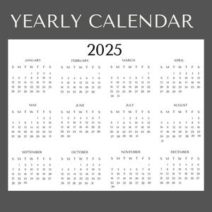 2025 Yearly Calendar At A Glance, Printable 2025 Calendar One Page PDF, Minimalist Simple Plain White Calendar, Large Full Page Calendar