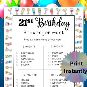 Printable 21st Birthday Scavenger Hunt Drunk Game, 21st Drinking Games, Birthday Games for Her, Alcohol Games, Birthday Party, PDF
