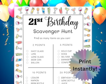 Printable 21st Birthday Scavenger Hunt Drunk Game, 21st Drinking Games, Birthday Games for Her, Alcohol Games, Birthday Party, PDF