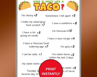 Who's Most Like A Taco Game Instant Download, Printable Cinco de Mayo Game For Kids & Adults, Fiesta Party Game, Taco Night