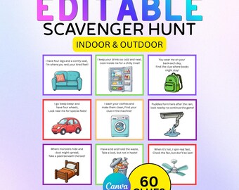 Editable Scavenger Hunt For Kids Instant Download, Canva Template Scavenger Hunt Clue Cards Indoor & Outdoor, Birthday, Easter