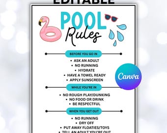 Editable Pool Rules Sign Template Instant Download, Printable Pool Rules Checklist For Kids, Pool Safety, Swimming