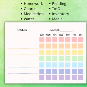 May include: A printable weekly tracker with a rainbow color scheme. The tracker has spaces for seven days of the week, Sunday through Saturday. The tracker has lines for writing tasks such as homework, chores, medication, water, reading, to-do, inventory, and meals.
