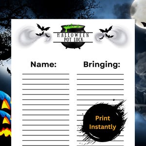 May include: Printable Halloween Potluck sign with a black cauldron with green liquid and bats flying around it. The sign has the text "Halloween Potluck" and space to write names and what they are bringing.