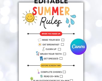 Editable Summer Rules Sign For Kids, Summer Checklist, Printable Chore Chart, Screen Time, Vacation, Canva Template