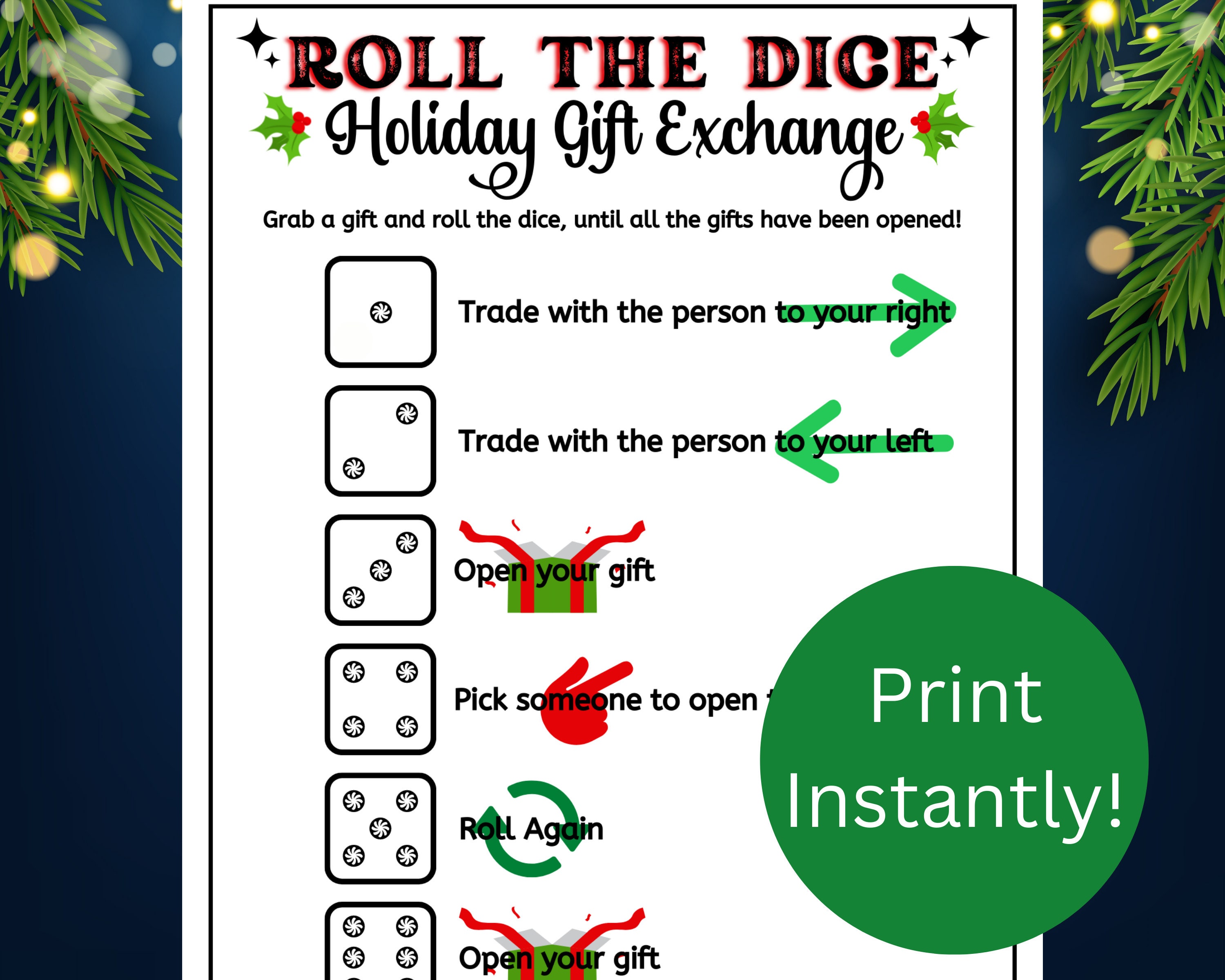 Christmas Dice Game Printable  Roll The Dice Gift Exchange Game – So  Festive!