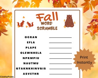 Fall Word Scramble-Autumn Word Scramble-Festive Word Scramble-Fall Family Activity-Autumn Family Game-Thanksgiving Game-Printable fall game