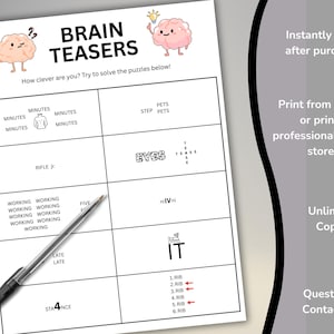 May include: A white sheet of paper with brain teasers printed on it, including word puzzles and visual riddles. The sheet has the title "BRAIN TEASERS" and illustrations of cartoon brains. A black pen rests on the paper, ready to solve the puzzles.