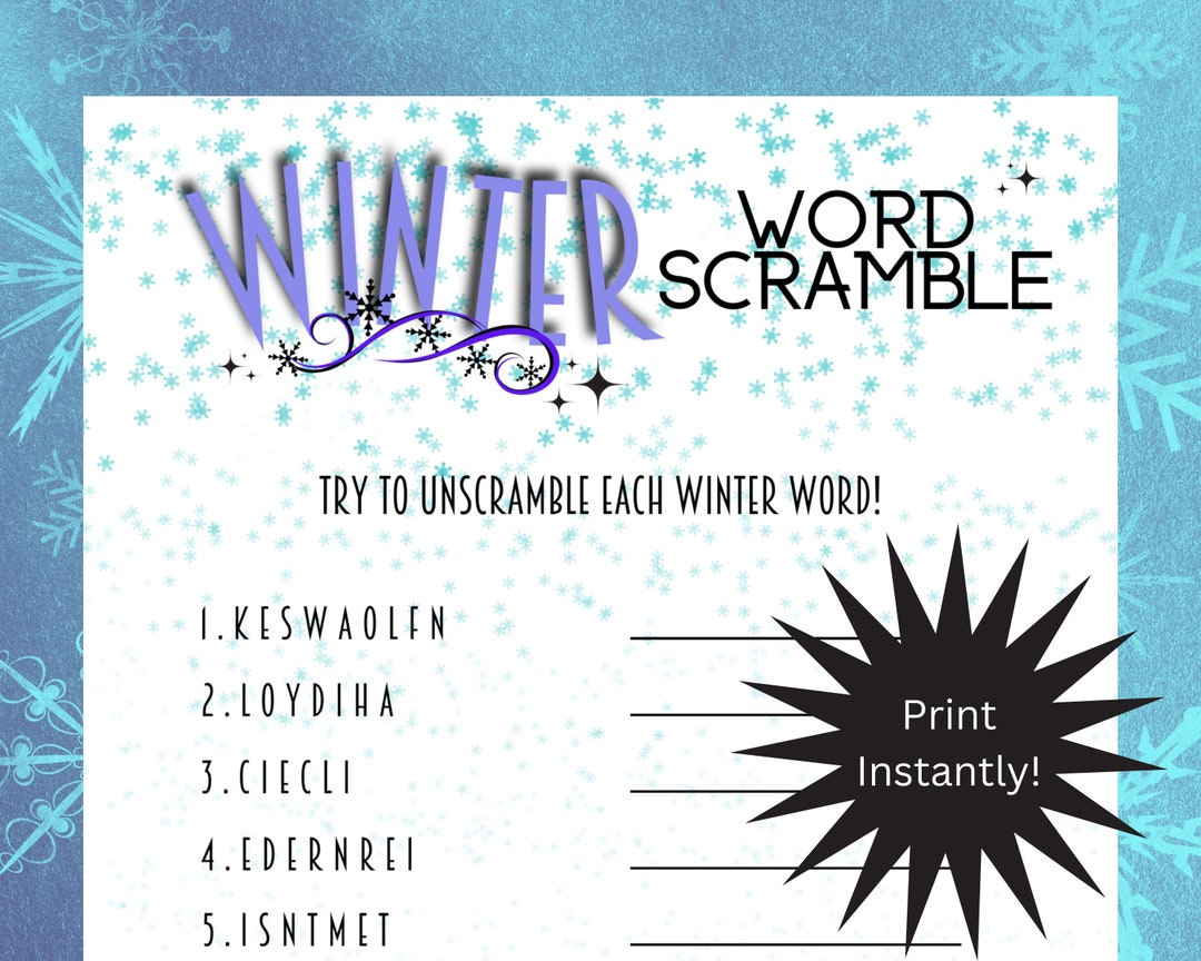 Printable Winter Word Scramble, Winter Game for Kids and Adults, School