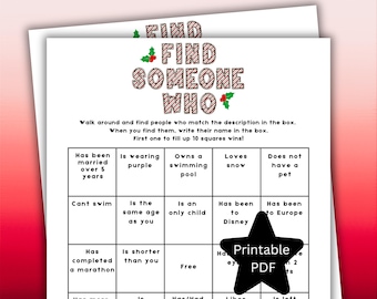 Puede incluir: Un juego de fiesta de Navidad imprimible llamado "Encuentra a alguien que". El tablero del juego tiene un borde a rayas rojo y blanco de bastón de caramelo con hojas de acebo. El tablero del juego está dividido en 16 casillas con diferentes indicaciones en cada casilla. Las indicaciones incluyen "Ha estado casado durante más de 5 años", "Usa morado", "Tiene una piscina", "Le encanta la nieve", "No tiene una mascota", "No sabe nadar", "Tiene la misma edad que tú", "Es hijo único", "Ha estado en Disney", "Ha estado en Europa", "Ha completado un maratón", "Es más bajo que tú", "Gratis", "Tiene/Tuvo", "Le gusta", "Es zurdo".