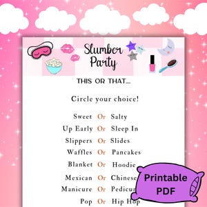 Printable Slumber Party Sleepover This or That Activity for Girls Teens Tweens, Sleep Over Activities, Slumber Party Game, overnight PDF