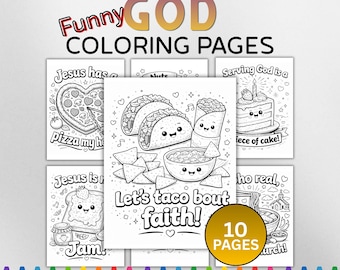 Funny God Coloring Pages For Kids Instant Download, Printable Cute Funny Food Pun Coloring Pages, Christian, Church Youth Activity, Faith