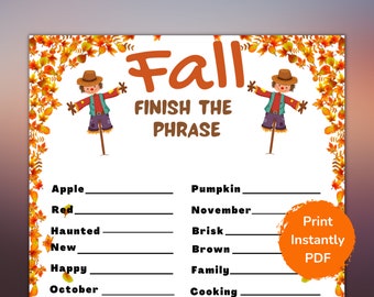 Fall Finish The Phrase Game, Printable Or Virtual Game For Adults Kids, Office Game, Classroom Game, Autumn Halloween Thanksgiving Quiz