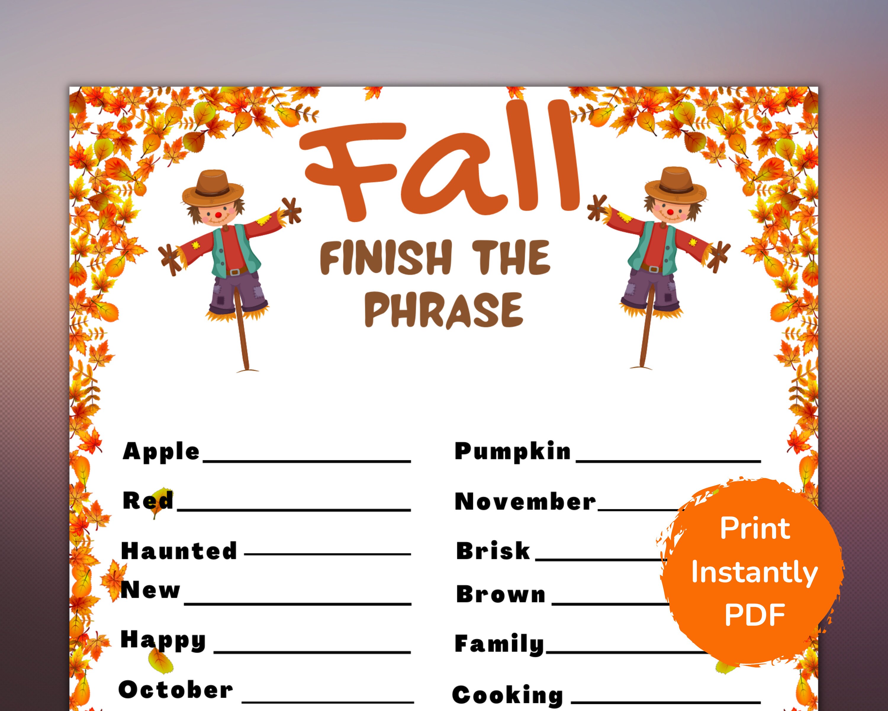 Fall Finish the Phrase Game, Printable or Virtual Game for Adults Kids ...