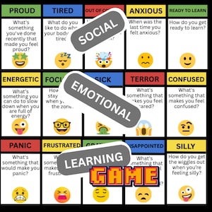 May include: A colorful educational game board with various emotional prompts and emoji faces. The board is divided into sections labeled with emotions like "Proud," "Tired," and "Anxious." The game includes the text "Social," "Emotional," and "Learning Game."