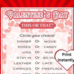 Printable Valentine&#39;s Day This or That Game for Teens & Adults, Valentine&#39;s Party Activity, Galentine&#39;s Game, Valentine&#39;s Would You Rather