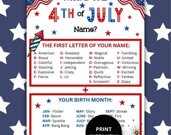 What's Your 4th Of July Name Game Generator For Kids & Adults, Printable Independence Day Activity, Party Icebreaker