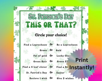 Printable St. Patrick's Day Party Game for Kids & Adults, Classroom St. Patrick's Activity for Students, This or That Green Clover St. Patty