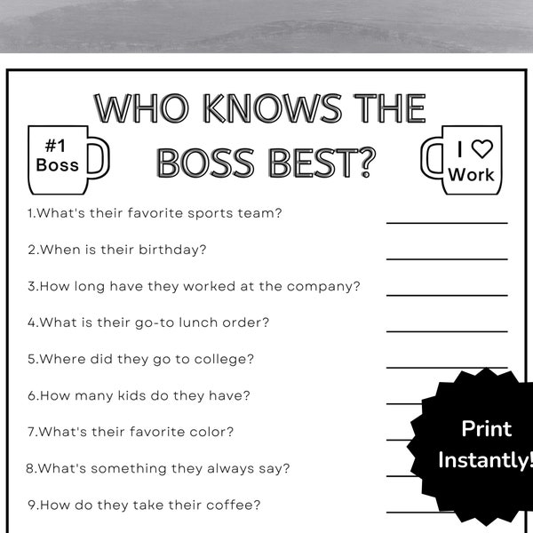 Who Knows The Boss Best, Office party, Get To Know Your Boss, Boss Questionnaire, Work Party Ideas, Printable Office Game, Holiday game