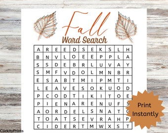 May include: A printable Fall word search puzzle with a brown and orange leaf design. The puzzle features the words: leaves, cider, harvest, pumpkin, corn, acorns, and more.