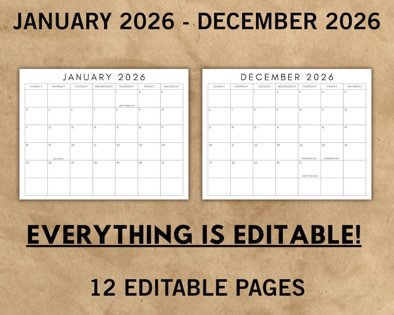 2026 Editable 12 Month Simple Plain White Calendar, Printable Wall ...