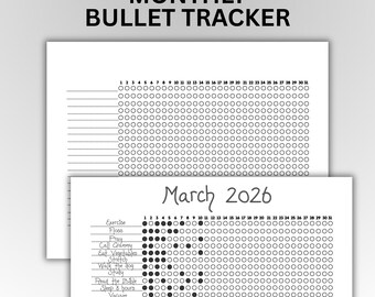 Monthly Bullet Tracker Simple Black & White Minimalist design Instant Download, Printable Tracker for Habits Behaviors Exercise Projects