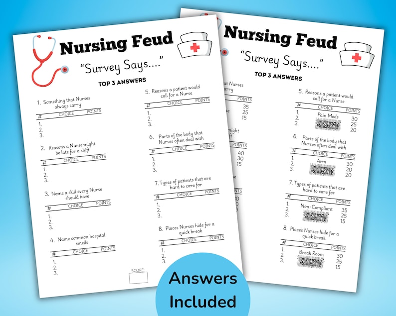 Peut inclure: Un jeu imprimable appel&eacute; "Nursing Feud" avec le texte "Survey Says..." et "Top 3 Answers". Le jeu est un jeu de questions-r&eacute;ponses sur le th&egrave;me des soins infirmiers. Le jeu est con&ccedil;u pour &ecirc;tre jou&eacute; par deux &eacute;quipes.